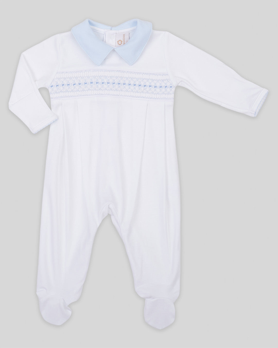 Footie Renzi Baby Boy Pima Cotton Hand Smocked - White/Blue