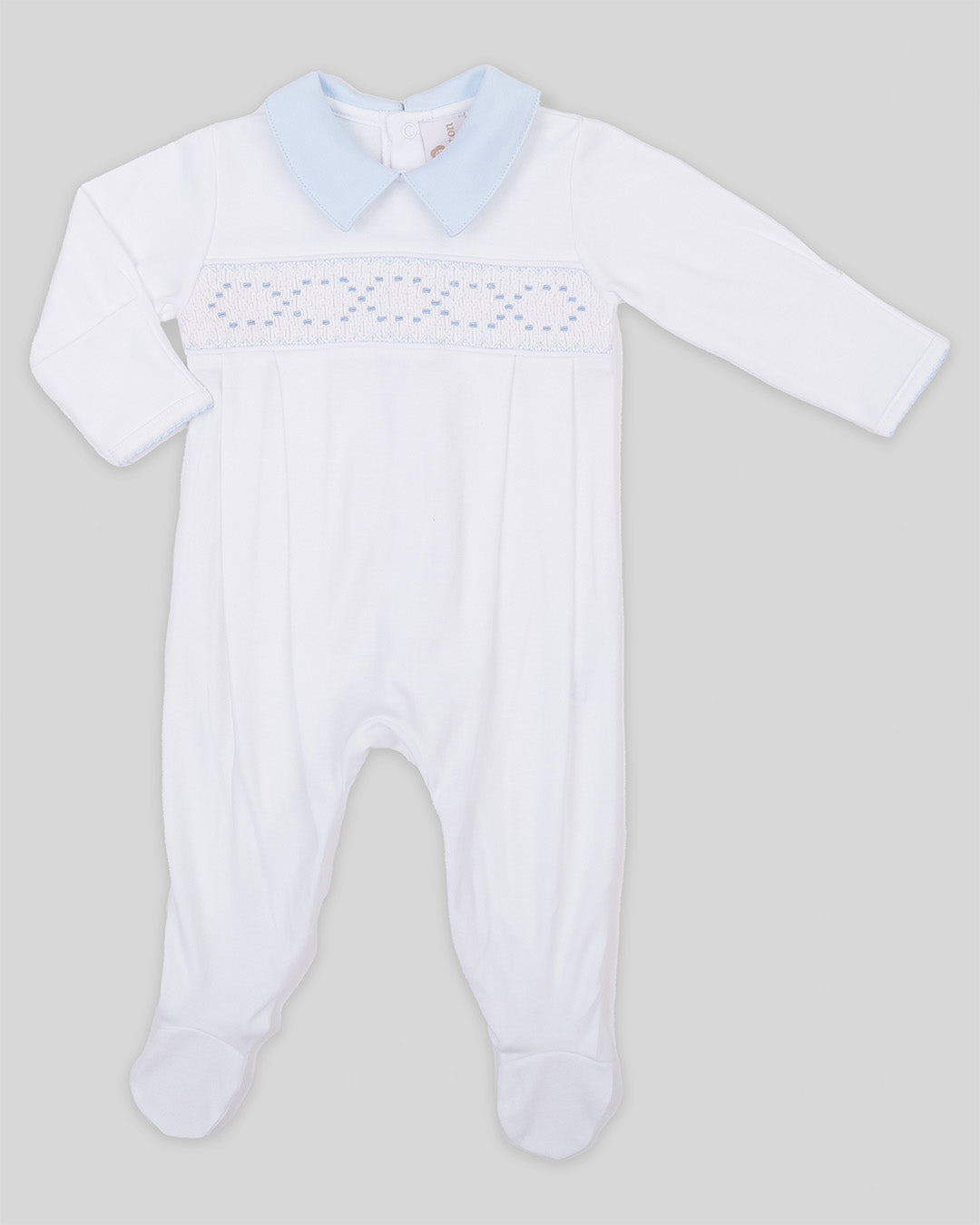 Footie Joy Baby Boy Pima Cotton Hand Smocked - White/Blue