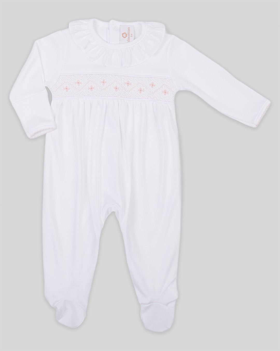 Footie Alma Baby Girl Pima Cotton Hand Smocked - White/Pink