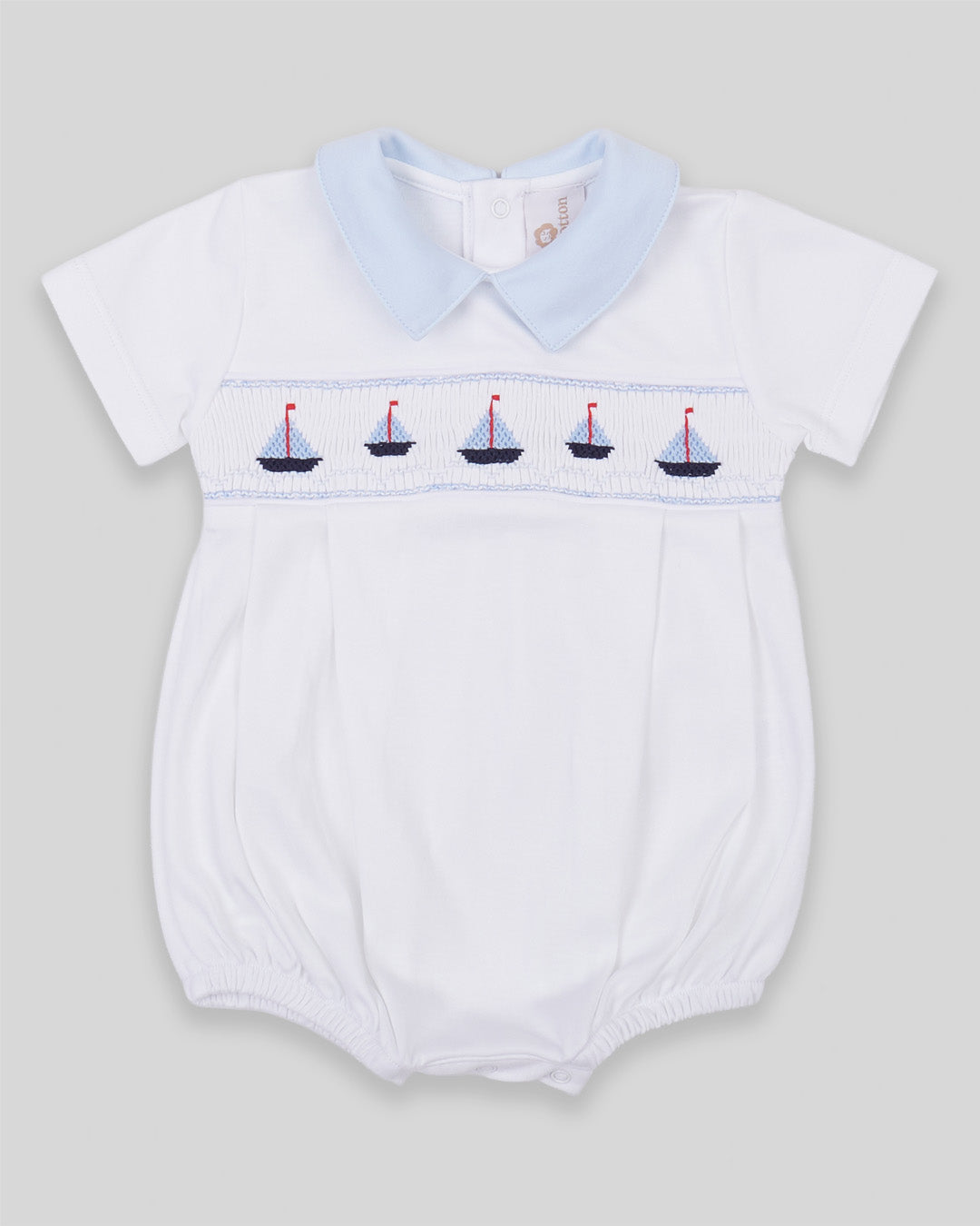Bubble Sailboat Baby Boy Pima Cotton Hand Smocked - White/Navy