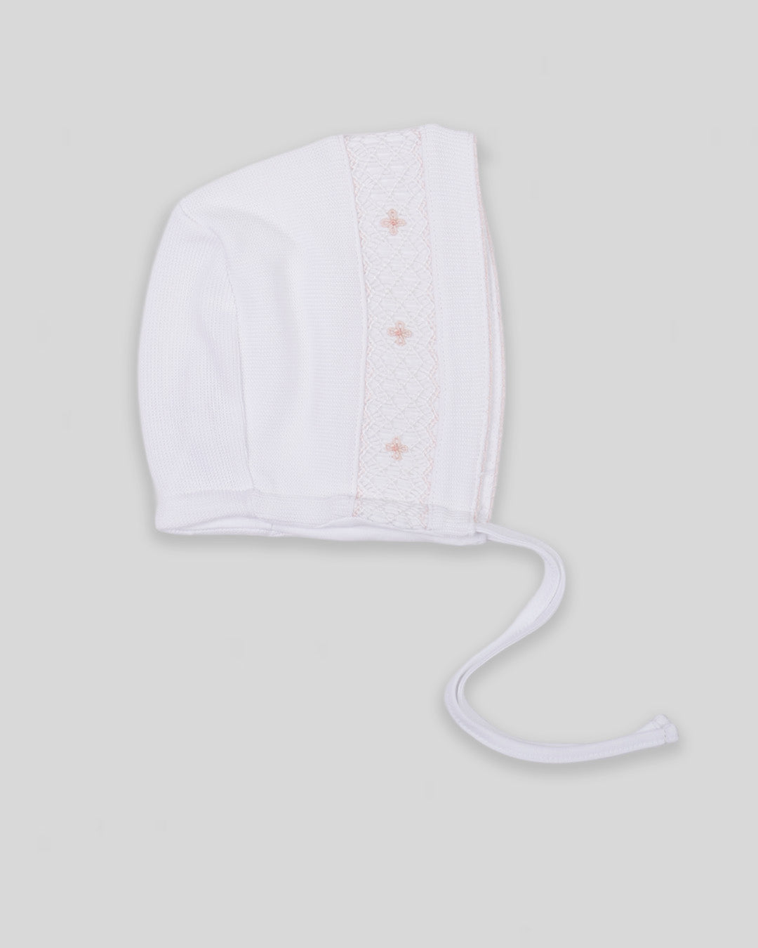 Hand Smocked Baby Girl Bonnet Alma Special Knit Pima Cotton - White/Pink