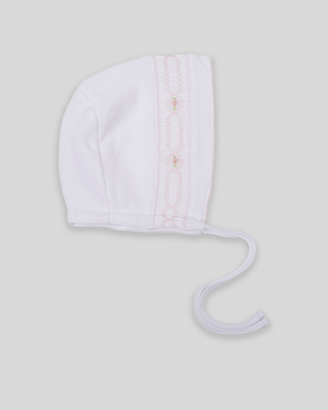 Hand Smocked Baby Girl Bonnet Emmy Special Knit Pima Cotton - White/Pink