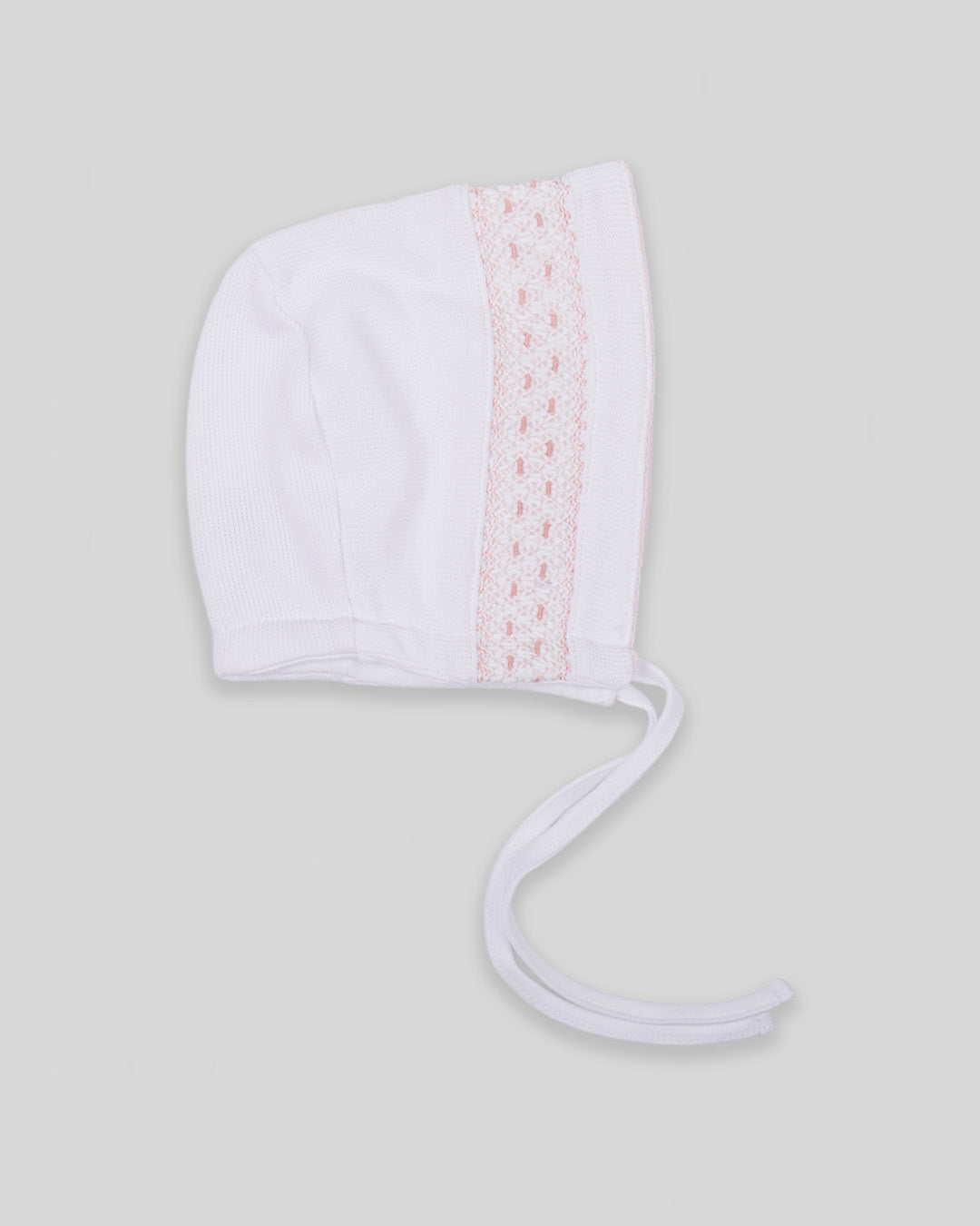 Hand Smocked Special Knit Pima Cotton Baby Girl Bonnet Daphne - White/Pink