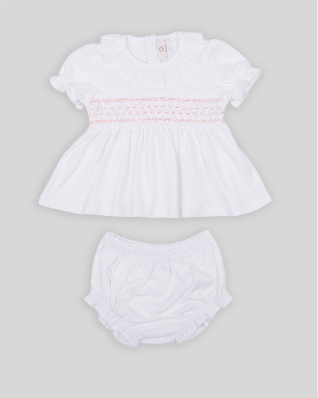 Mini Dress Set Daphne Baby Girl Pima Cotton Hand Smocked - White/Pink