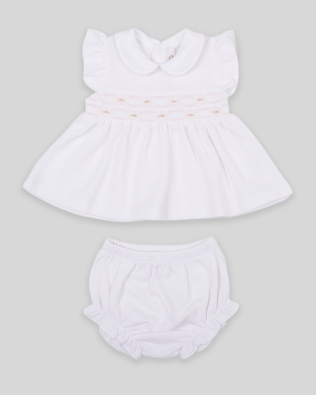 Mini Dress Set Emma Baby Girl Special Knit Pima Cotton Hand Smocked - White