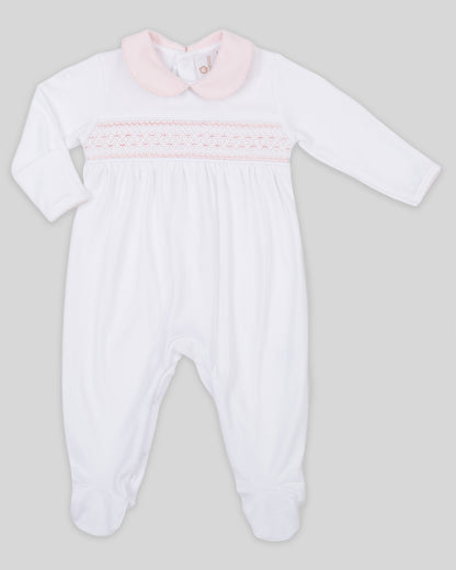 Footie Daphne Baby Girl Pima Cotton Hand Smocked - White/Pink