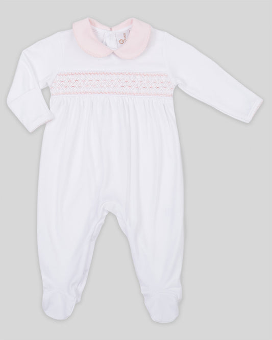Footie Daphne Baby Girl Pima Cotton Hand Smocked - White/Pink