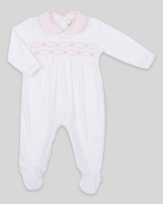 Footie Emmy Baby Girl Pima Cotton Hand Smocked - White/Pink