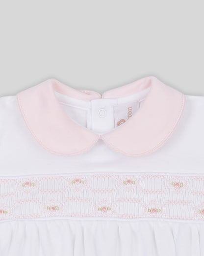Footie Emmy Baby Girl Pima Cotton Hand Smocked - White/Pink