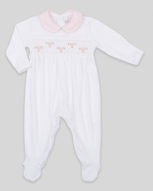 Footie Zuz Baby Girl Pima Cotton Hand Smocked - White/Pink