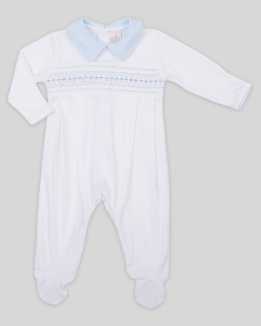 Footie Renzi Baby Boy Pima Cotton Hand Smocked - White/Blue
