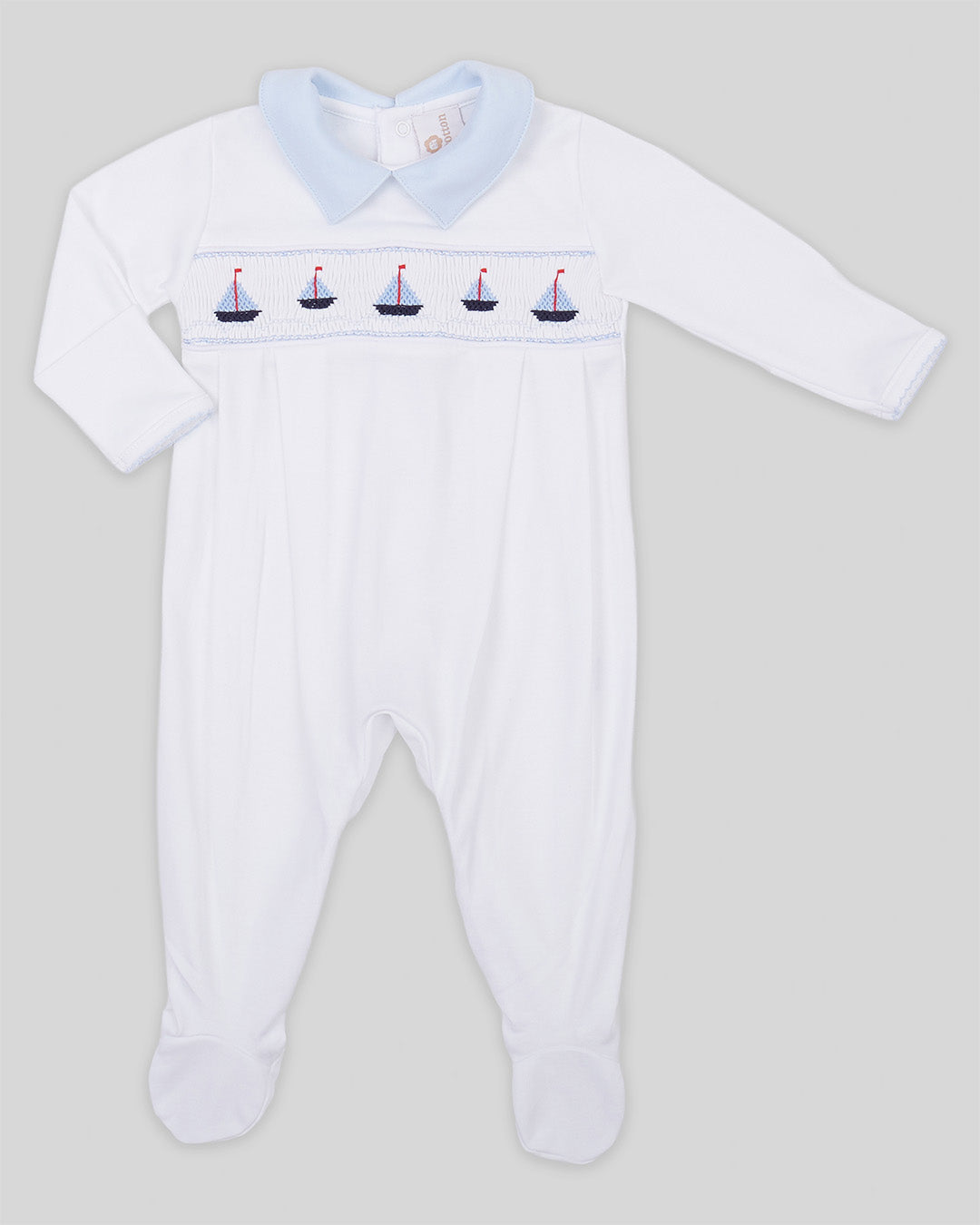 Footie Sailboat Baby Boy Pima Cotton Hand Smocked - White/Navy