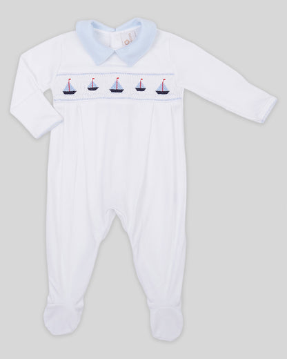 Footie Sailboat Baby Boy Pima Cotton Hand Smocked - White/Navy