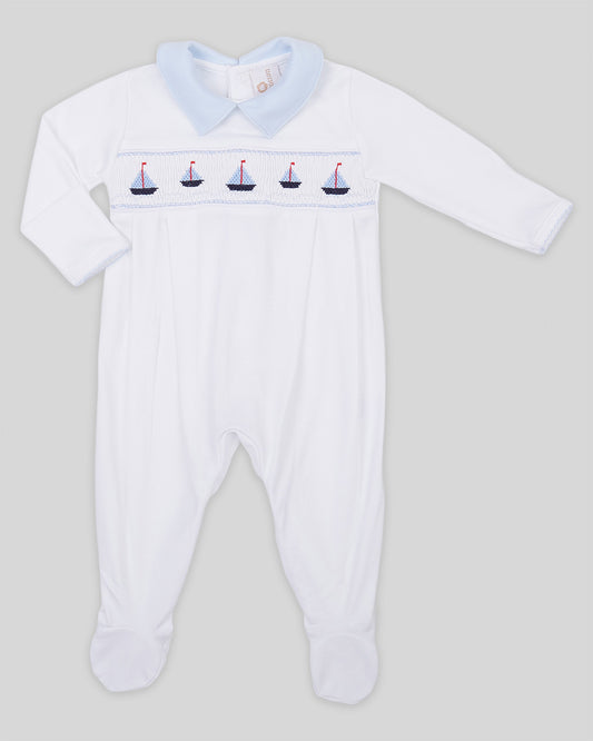 Footie Sailboat Baby Boy Pima Cotton Hand Smocked - White/Navy