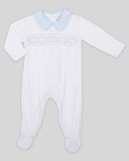 Footie Joy Baby Boy Pima Cotton Hand Smocked - White/Blue