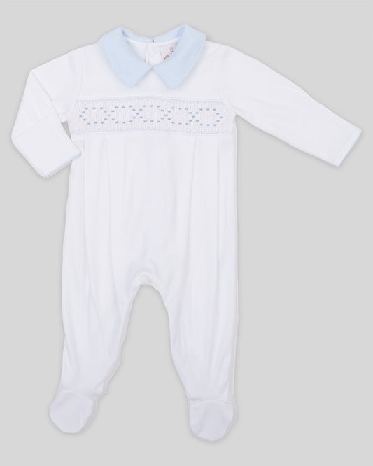 Footie Joy Baby Boy Pima Cotton Hand Smocked - White/Blue