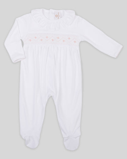 Footie Alma Baby Girl Pima Cotton Hand Smocked - White/Pink
