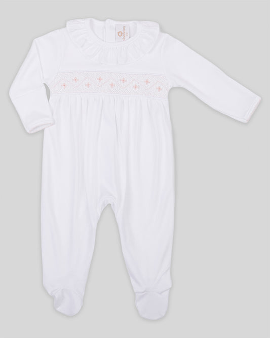 Footie Alma Baby Girl Pima Cotton Hand Smocked - White/Pink