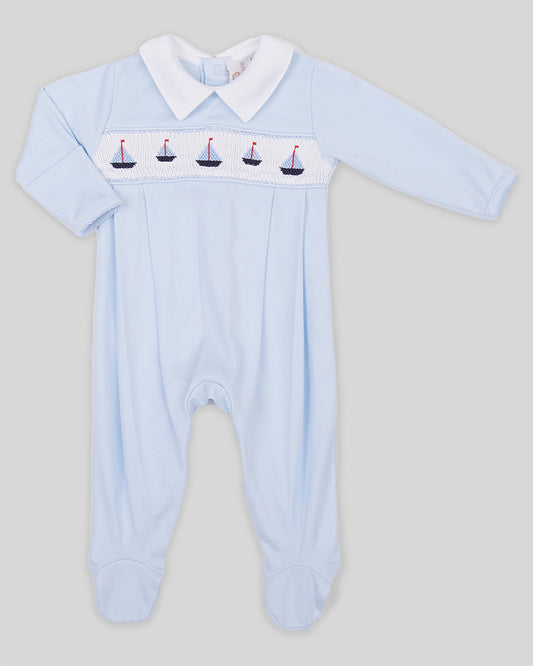 Footie Sailboat Baby Boy Pima Cotton Hand Smocked - Blue/Navy