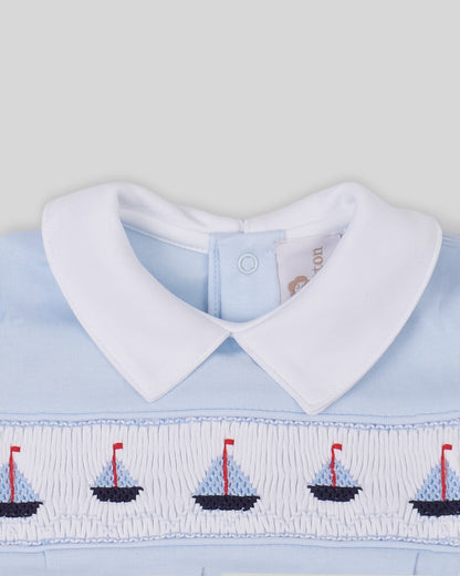 Footie Sailboat Baby Boy Pima Cotton Hand Smocked - Blue/Navy