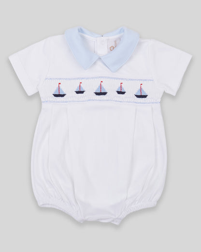 Bubble Sailboat Baby Boy Pima Cotton Hand Smocked - White/Navy