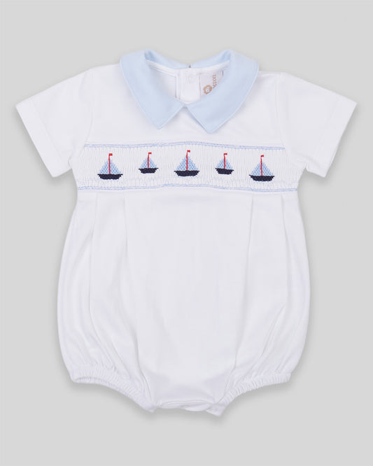 Bubble Sailboat Baby Boy Pima Cotton Hand Smocked - White/Navy