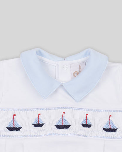 Bubble Sailboat Baby Boy Pima Cotton Hand Smocked - White/Navy