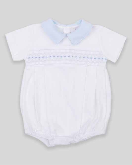 Bubble Renzi Baby Boy Pima Cotton Hand Smocked - White/Blue