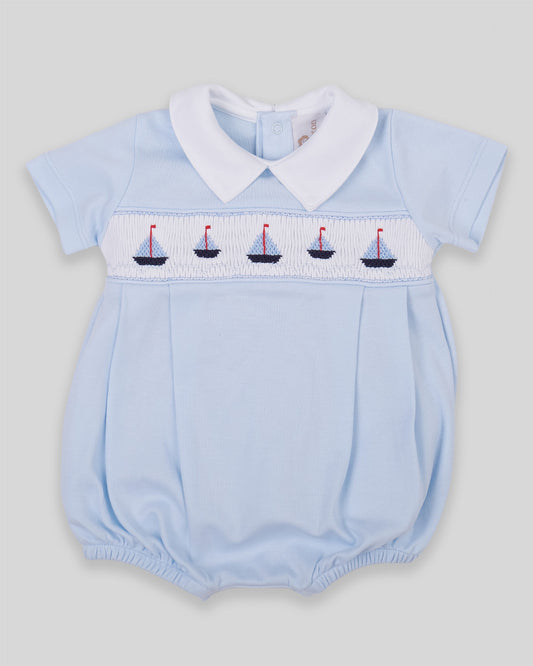 Bubble Sailboat Baby Boy Pima Cotton Hand Smocked - Blue/Navy