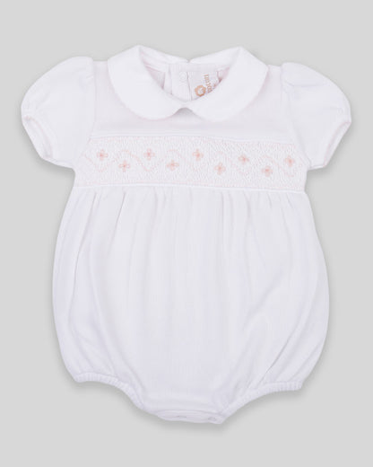 Bubble Agnes Baby Girl Special Knit Pima Cotton Hand Smocked - White/Pink