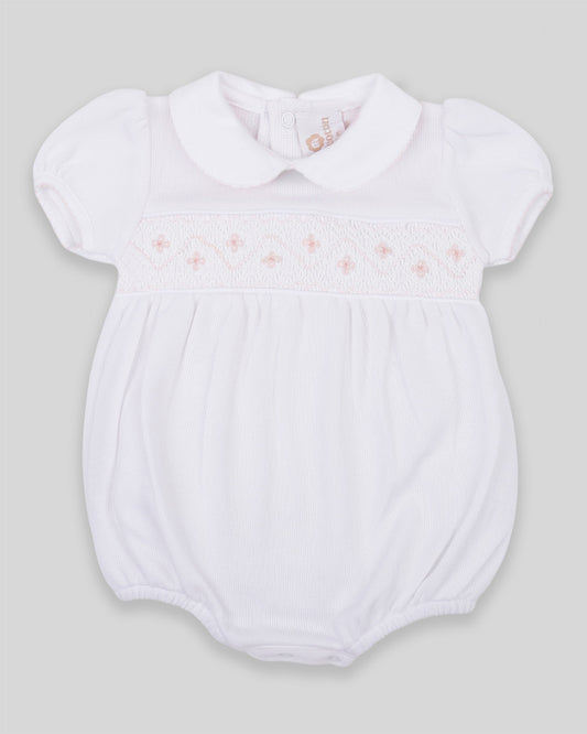 Bubble Agnes Baby Girl Special Knit Pima Cotton Hand Smocked - White/Pink