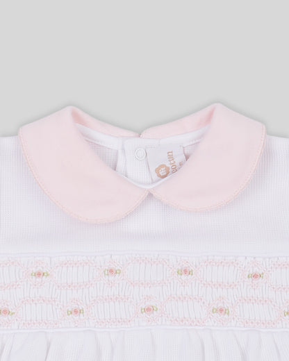 Bubble Emma Baby Girl Special Knit Pima Cotton Hand Smocked - White/Pink