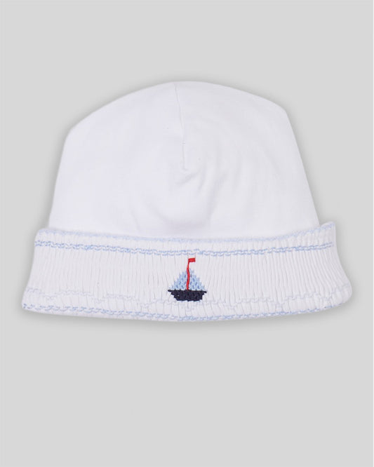 Hand Smocked Baby Boy Hat Sailboat Pima Cotton - White/Navy