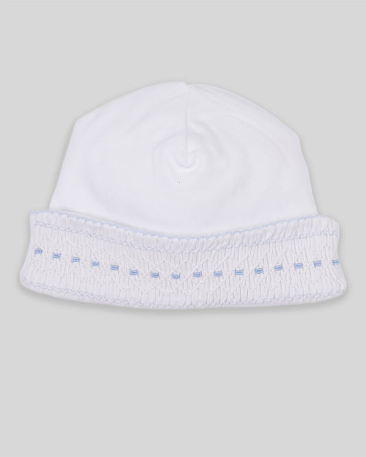 Hand Smocked Baby Boy Hat Renzi Pima Cotton - White/Blue
