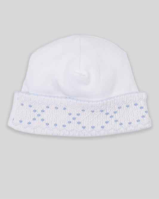 Hand Smocked Baby Boy Hat Joy Pima Cotton - White/Blue