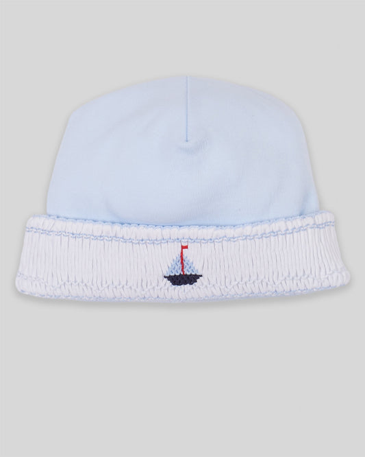 Hand Smocked Baby Boy Hat Sailboat Pima Cotton - Blue/Navy