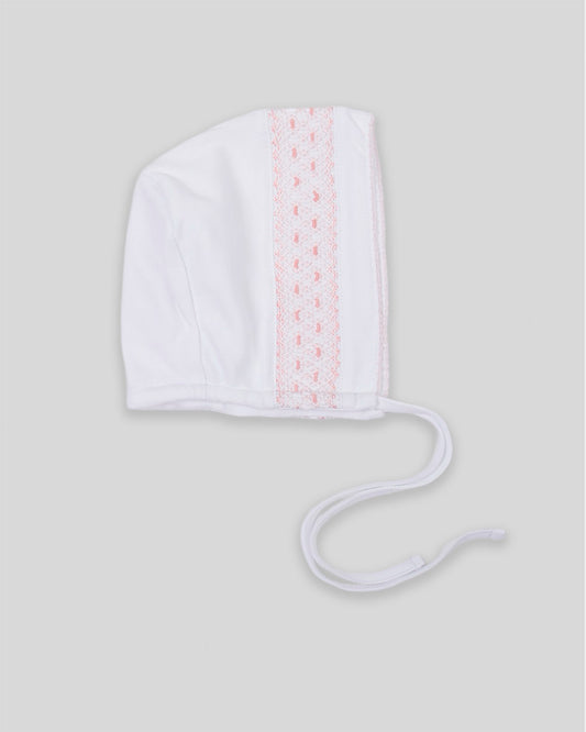 Hand Smocked Interlock Pima Cotton Baby Girl Bonnet Daphne  - White/Pink
