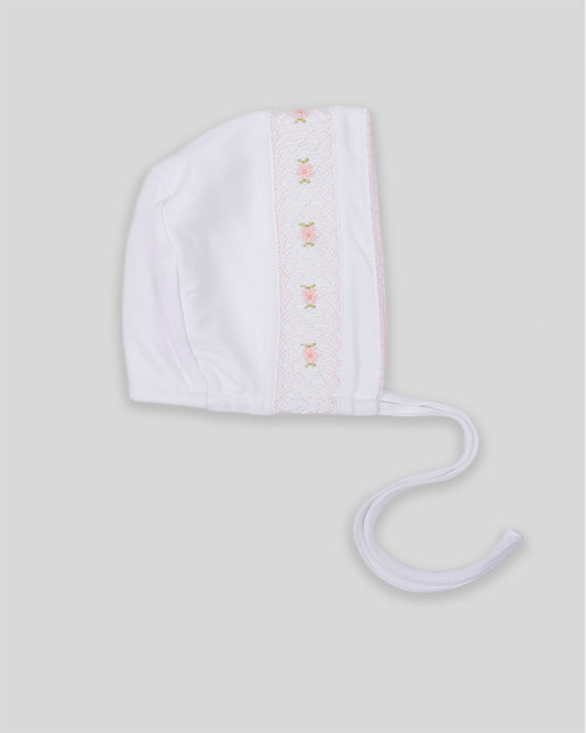 Hand Smocked Baby Girl Bonnet Zuz Pima Cotton - White/Pink