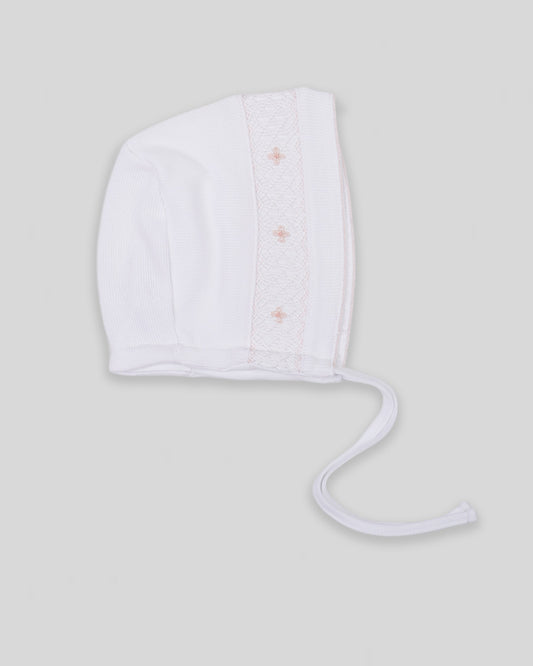 Hand Smocked Baby Girl Bonnet Alma Special Knit Pima Cotton - White/Pink