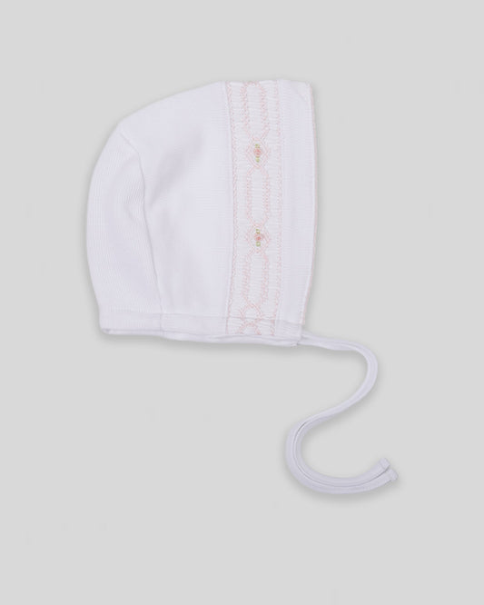 Hand Smocked Baby Girl Bonnet Emmy Special Knit Pima Cotton - White/Pink