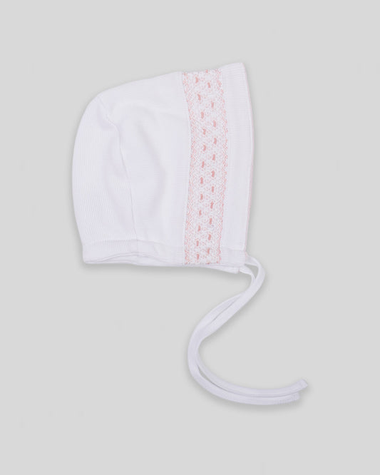 Hand Smocked Special Knit Pima Cotton Baby Girl Bonnet Daphne  - White/Pink