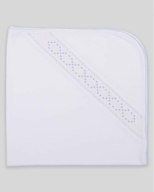 Hand Smocked Baby Boy Blanket Joy Pima Cotton - White/Blue