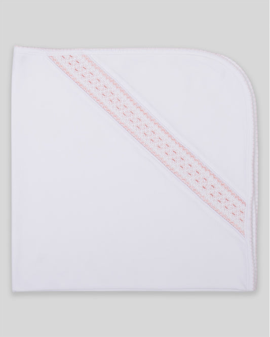 Hand Smocked Baby Girl Blanket Daphne Pima Cotton - White/Pink