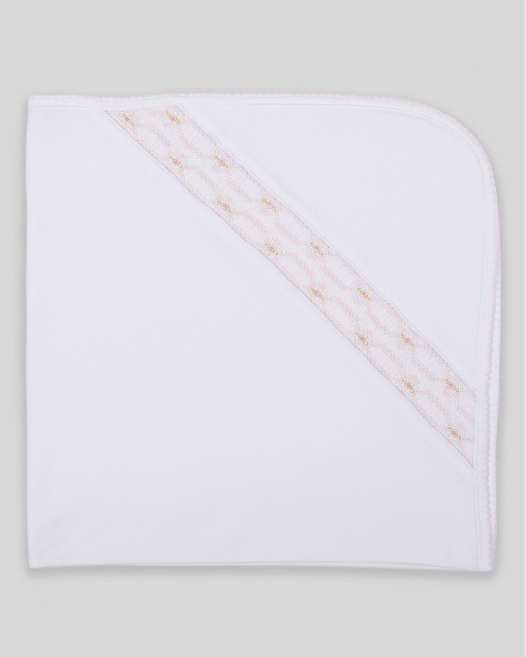 Hand Smocked Baby Girl Blanket Emmy Pima Cotton - White/Pink