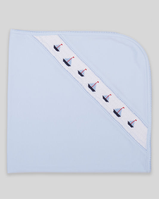 Hand Smocked Baby Boy Blanket Sailboat Pima Cotton - Blue/Navy