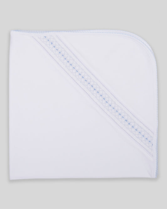 Hand Smocked Baby Boy Blanket Renzi Pima Cotton - White/Blue