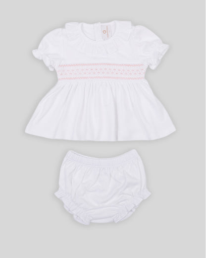 Mini Dress Set Daphne Baby Girl Pima Cotton Hand Smocked - White/Pink