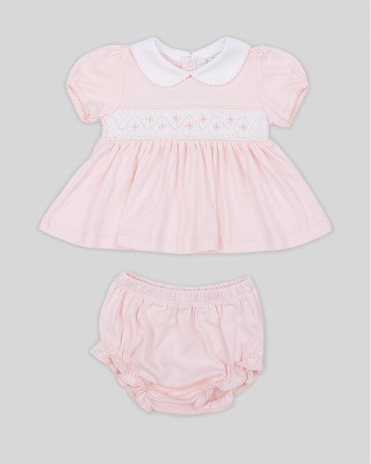 Mini Dress Set Alma Baby Girl Pima Cotton Hand Smocked - Pink