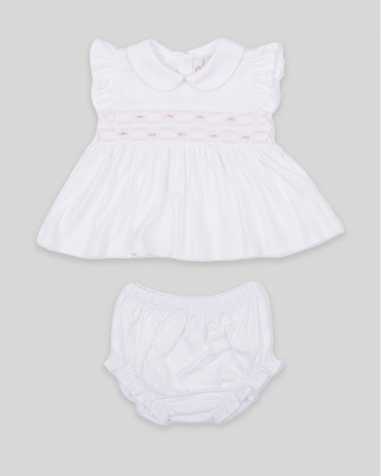 Mini Dress Set Emma Baby Girl Pima Cotton Hand Smocked - White/Pink