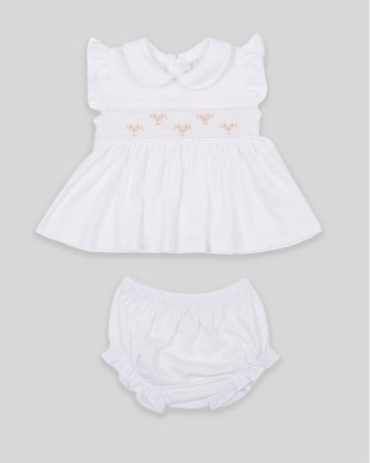Mini Dress Set Zuzzel Baby Girl Pima Cotton Hand Smocked - White/Pink